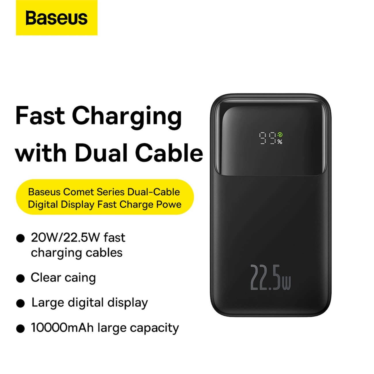 Baseus Comet Series Power Bank 10000mAh 22.5W με Ενσωματωμένα Καλώδια Type-C και Lightning - Black - PPMD020001