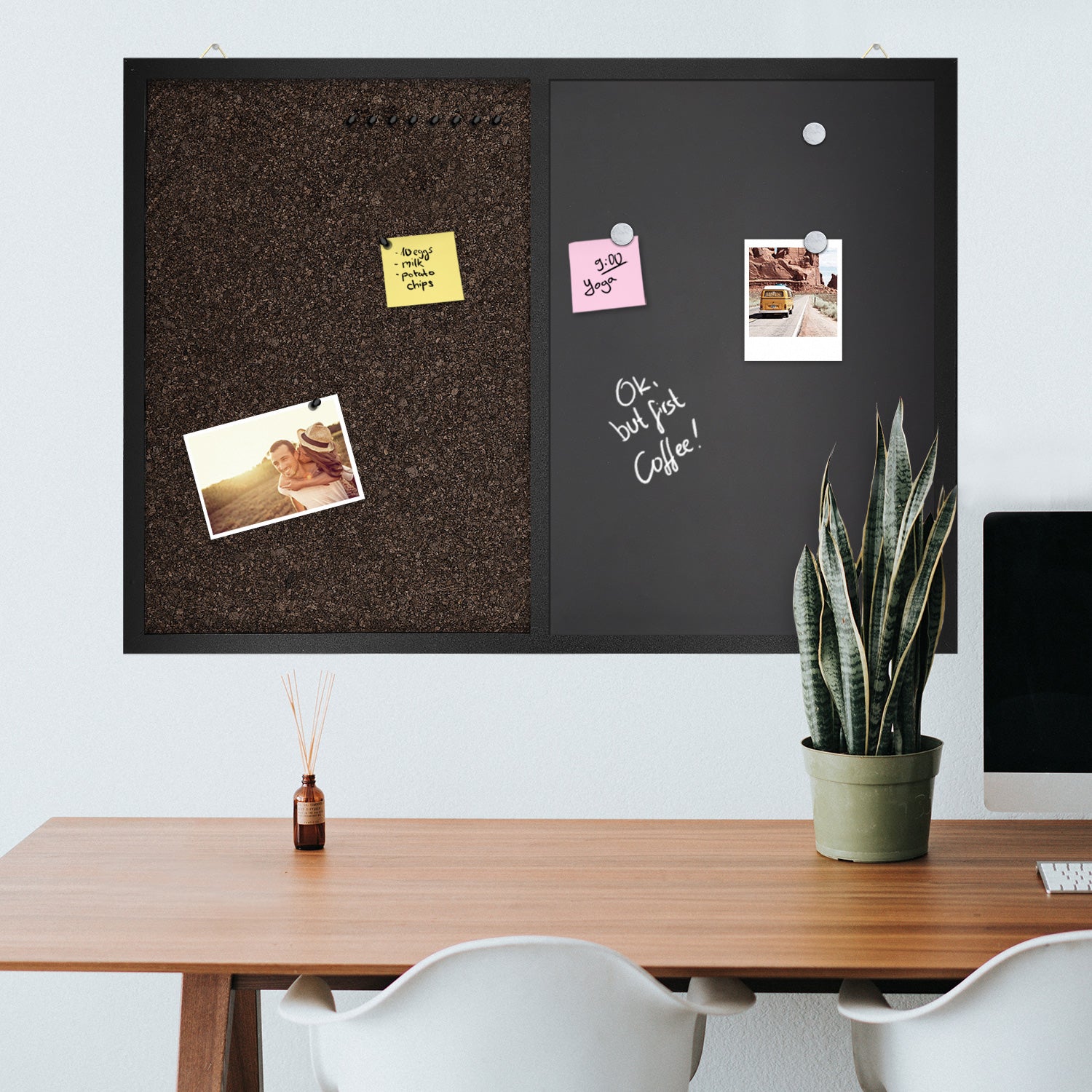 Navaris Διπλός Πίνακας Ανακοινώσεων με Μαγνητικό Μαυροπίνακα και Πίνακα από Φελλό 90 x 60 cm - Dark Brown - Black - 49999.01