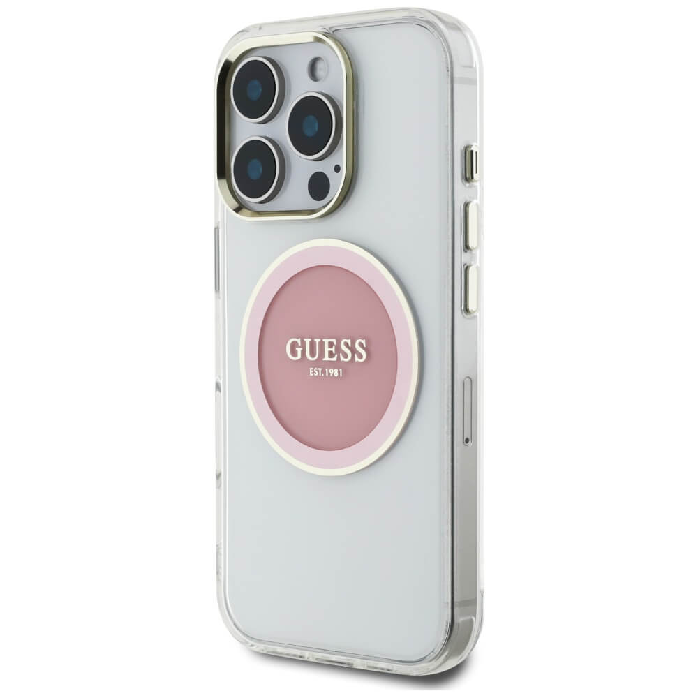 Guess iPhone 16 Pro IML Metal Colored Circle Classic Logo MagSafe Σκληρή Θήκη με Πλαίσιο Σιλικόνης και MagSafe - Pink - GUHMP16LHTDRCEDP