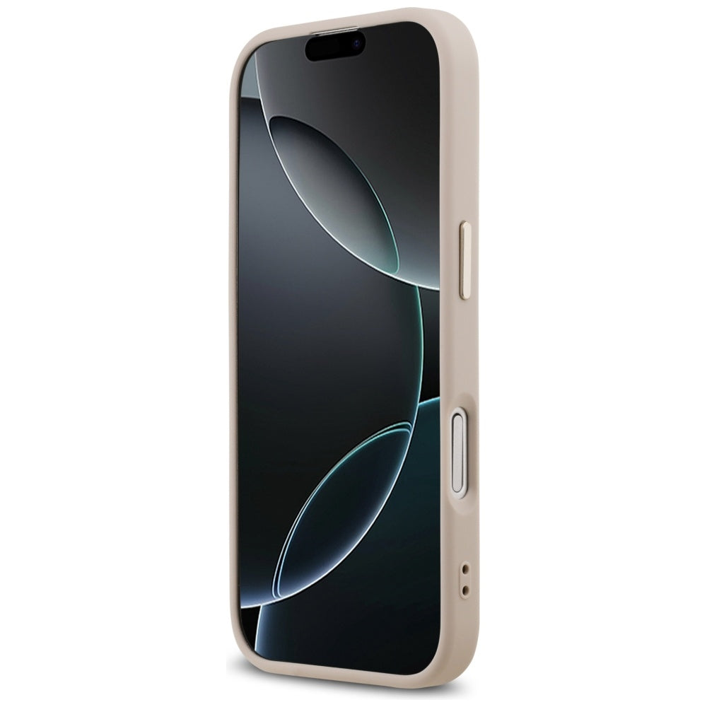 Guess iPhone 17 - 4G Triangle Strass Logo MagSafe - Σκληρή Θήκη με Επένδυση Συνθετικού Δέρματος - Pink / Gold - GUHMP17SP4GTDGMP