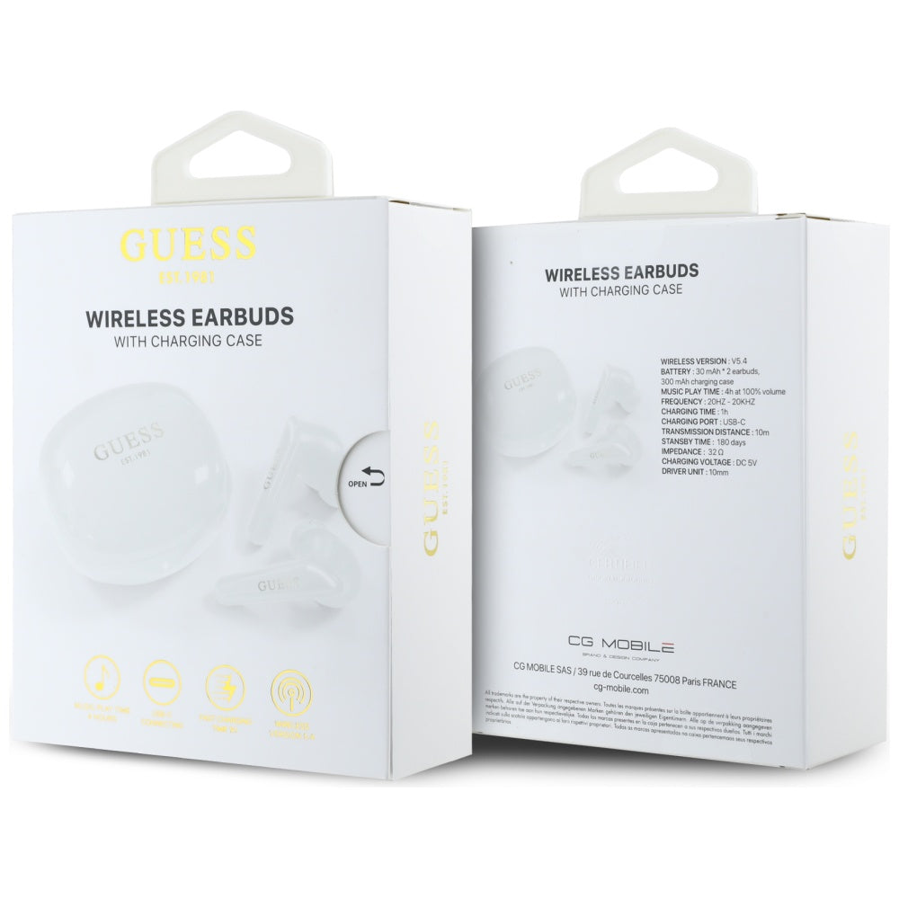 Guess TWS Flat Classic Logo Electroplated - Bluetooth 5.4 - Ασύρματα ακουστικά για Κλήσεις / Μουσική - White