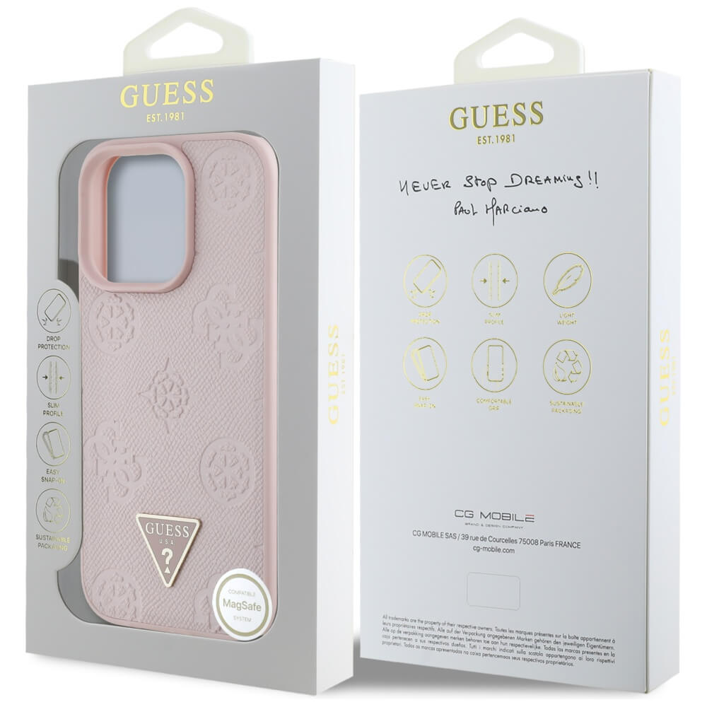 Guess iPhone 16 Pro - Grained Hot Stamp Peony Triangle Logo - MagSafe Σκληρή Θήκη με Επένδυση Συνθετικού Δέρματος - Pink - GUHMP16LPGBTMP