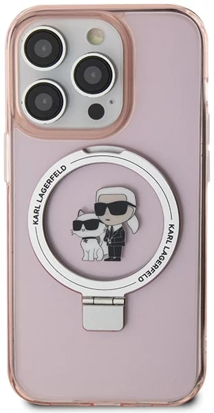 Karl Lagerfeld iPhone 15 Pro Max Ring Stand Karl and Choupette MagSafe Σκληρή Θήκη με Πλαίσιο Σιλικόνης και MagSafe - Διάφανη / Pink - KLHMP15XHMRSKCP