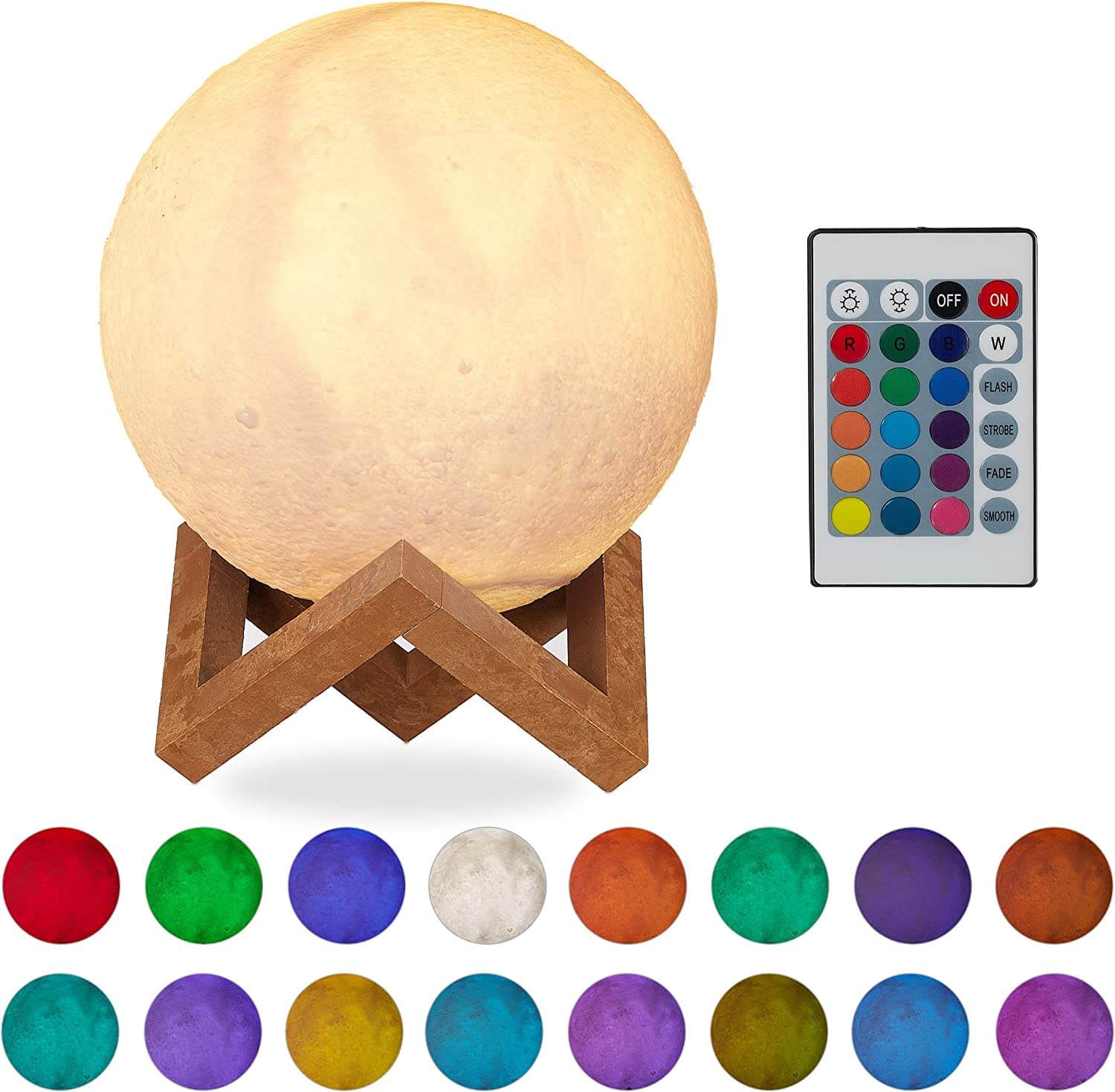 Relaxdays Φωτιστικό με Ξύλινη Βάση και Τηλεχειριστήριο - 3D Moon - White / Brown - 4052025265878