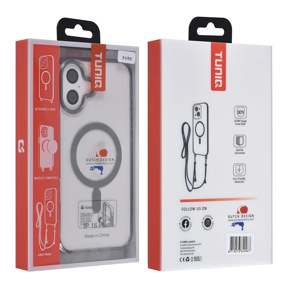 Tuniq iPhone 16 Plus - MagSafe Σκληρή Θήκη με Πλαίσιο Σιλικόνης και Λουράκι - Διάφανη / Grey