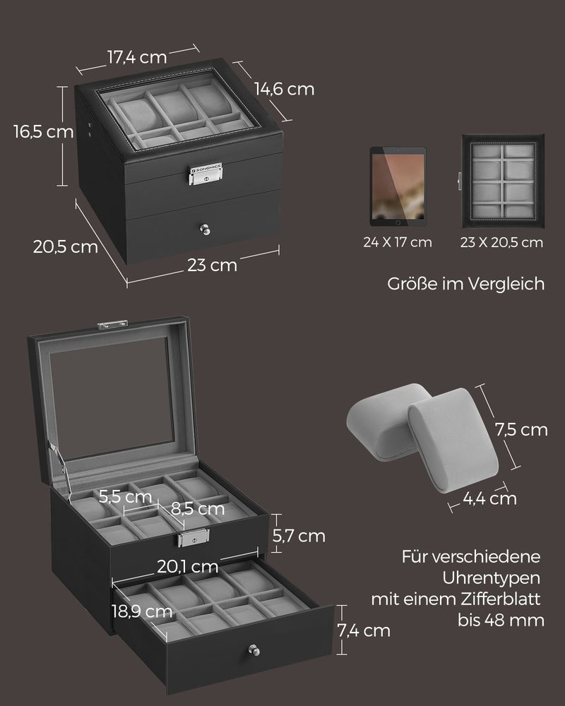 Songmics Κουτί Αποθήκευσης 2 Επιπέδων για 16 Ρολόγια - Black / Green Grey - JWB016G01