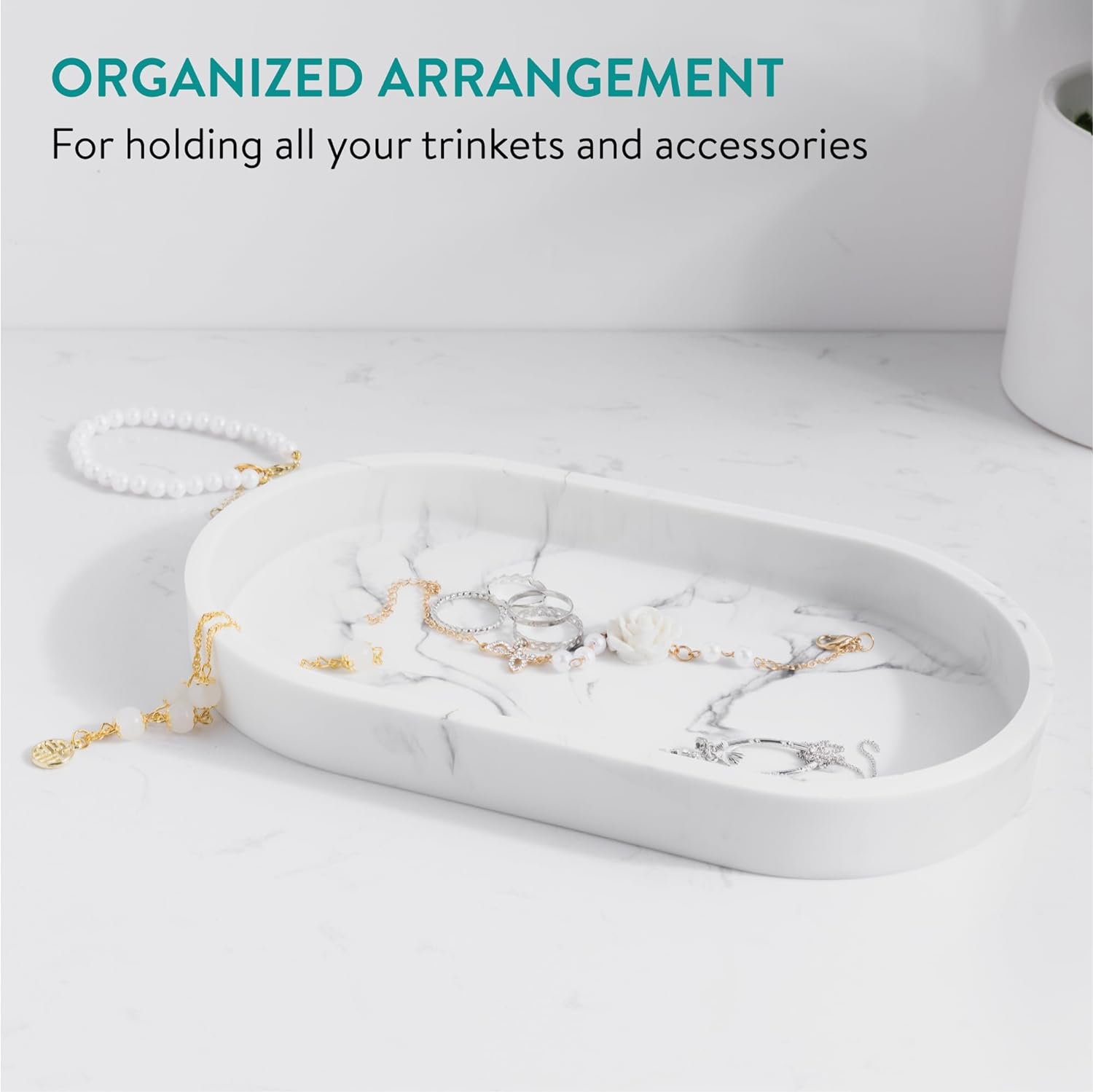 Navaris Διακοσμητικός Οβάλ Δίσκος από Πολυρητίνη - Design Marble - 22.5 x 12.5 x 2.7 cm - White - 55578.02.01