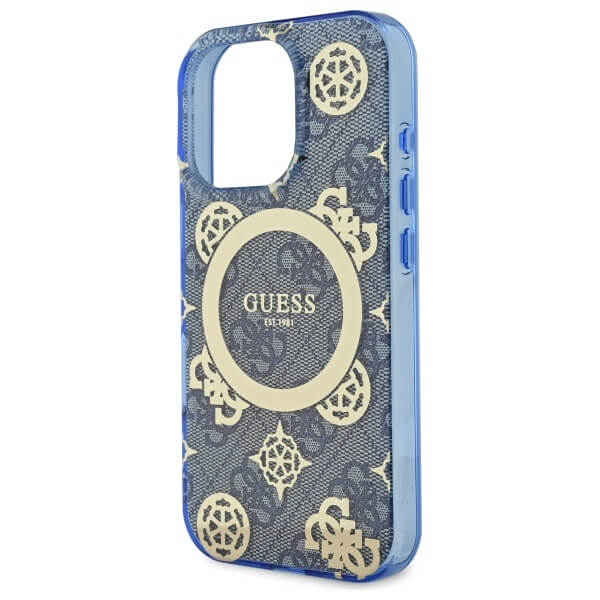 Guess iPhone 16 Pro - IML Peony On 4G Background MagSafe - Θήκη με Επένδυση Συνθετικού Δέρματος - Blue - GUHMP16LH4PYEEB