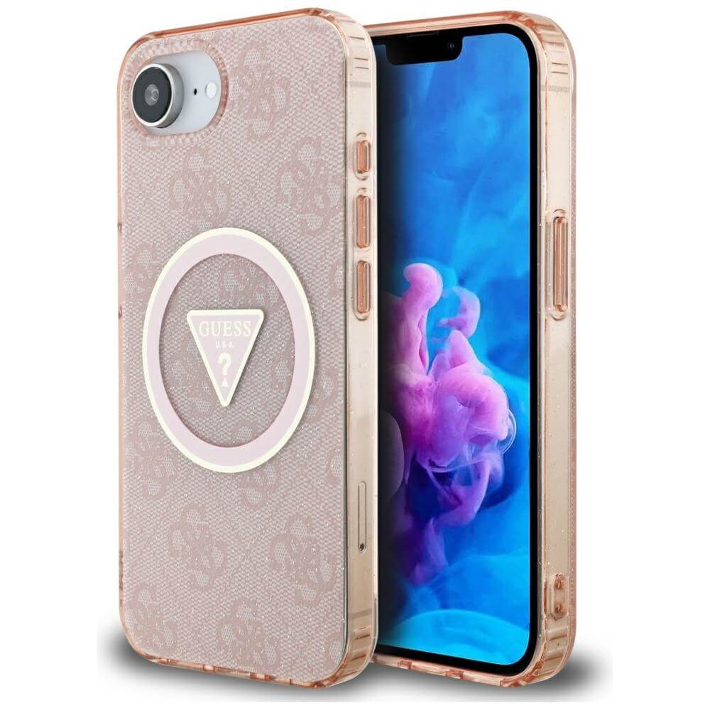 Guess iPhone 16e - IML Metal Glitter 4G Circle Triangle MagSafe - Σκληρή Θήκη με Πλαίσιο Σιλικόνης και MagSafe - Pink - GUHMPSE4HG4PRTGP
