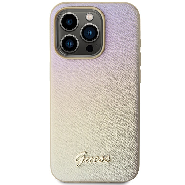 Guess iPhone 15 Pro Max Saffiano Iridescent Script Σκληρή Θήκη με Επένδυση Συνθετικού Δέρματος και Πλαίσιο Σιλικόνης - Gold - GUHCP15XPSAIRSD