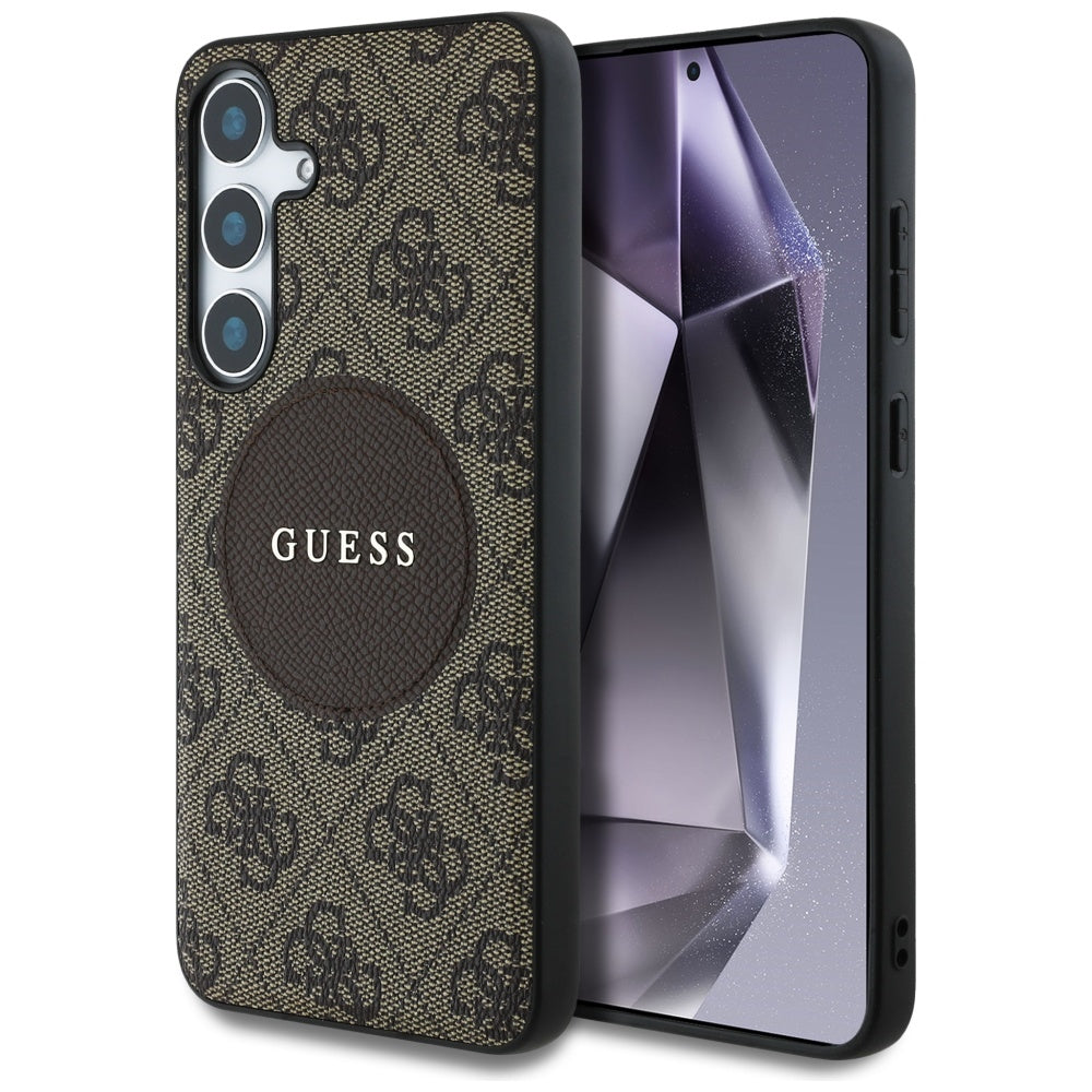 Guess Samsung Galaxy S25 - 4G Round Patch Classic Logo - Θήκη με Επένδυση Συνθετικού Δέρματος και MagSafe - Brown - GUHMS25SP4PGRSGW