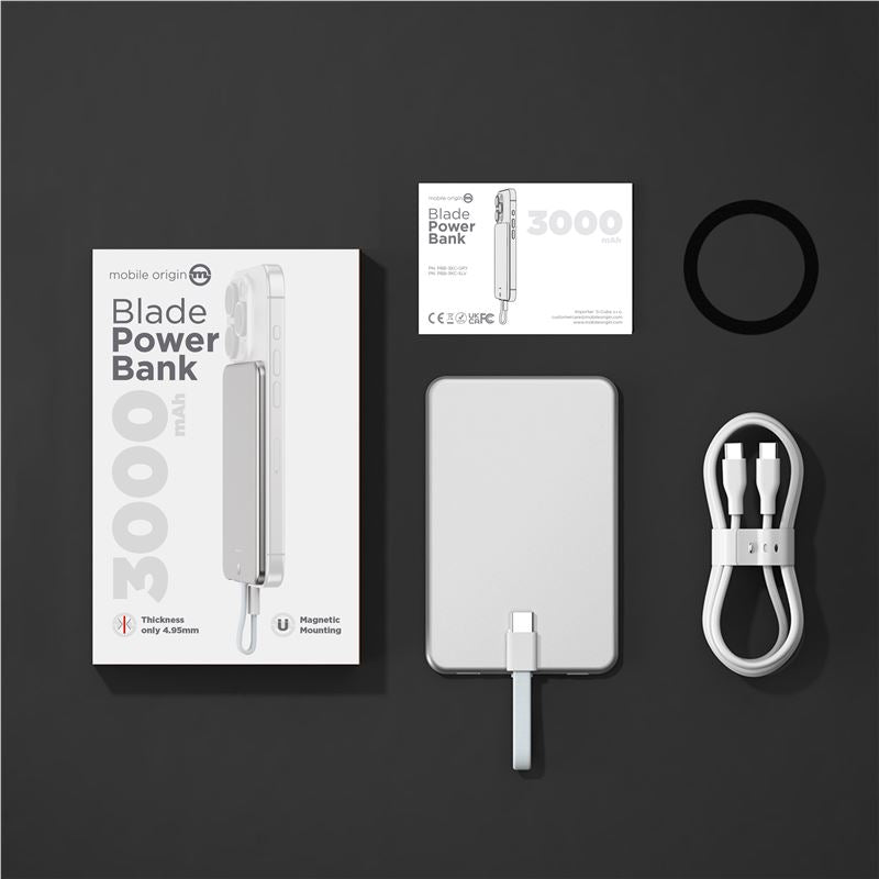Mobile Origin Origin Blade PowerBank 3000mAh με Ενσωματωμένο Καλώδιο Type-C και Type-C to Type-C Καλώδιο - Silver