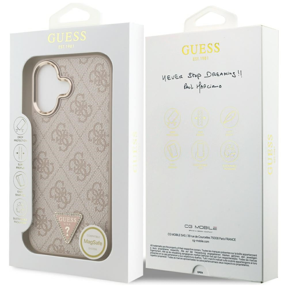 Guess iPhone 17 - 4G Triangle Strass Logo MagSafe - Σκληρή Θήκη με Επένδυση Συνθετικού Δέρματος - Pink / Gold - GUHMP17SP4GTDGMP