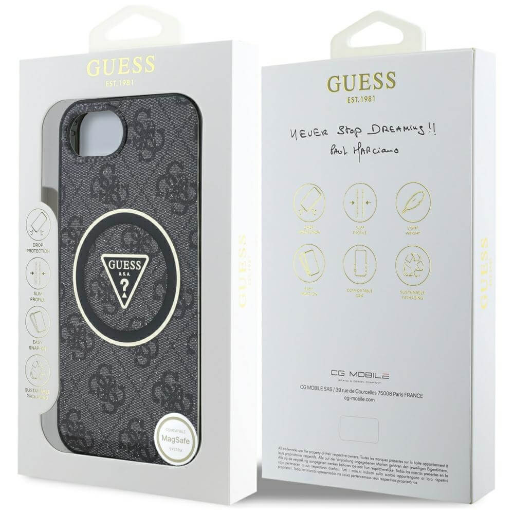 Guess iPhone 16e - IML Metal Glitter 4G Circle Triangle MagSafe - Σκληρή Θήκη με Πλαίσιο Σιλικόνης και MagSafe - Black - GUHMPSE4HG4PRTGK