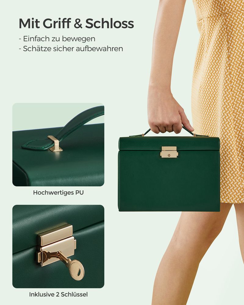 Songmics Φορητό Κουτί Αποθήκευσης Κοσμημάτων 4 Επιπέδων με Καθρέπτη και Κλειδαριά - Vintage Green - JBC159C01