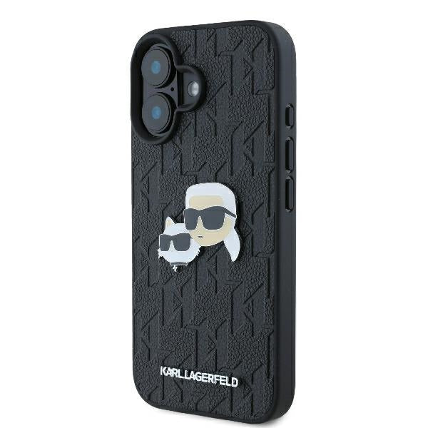 Karl Lagerfeld iPhone 16 Plus - Monogram Karl and Choupette Head Pin Σκληρή Θήκη με Επένδυση Συνθετικού Δέρματος - Black - KLHCP16MPGKLKCPK