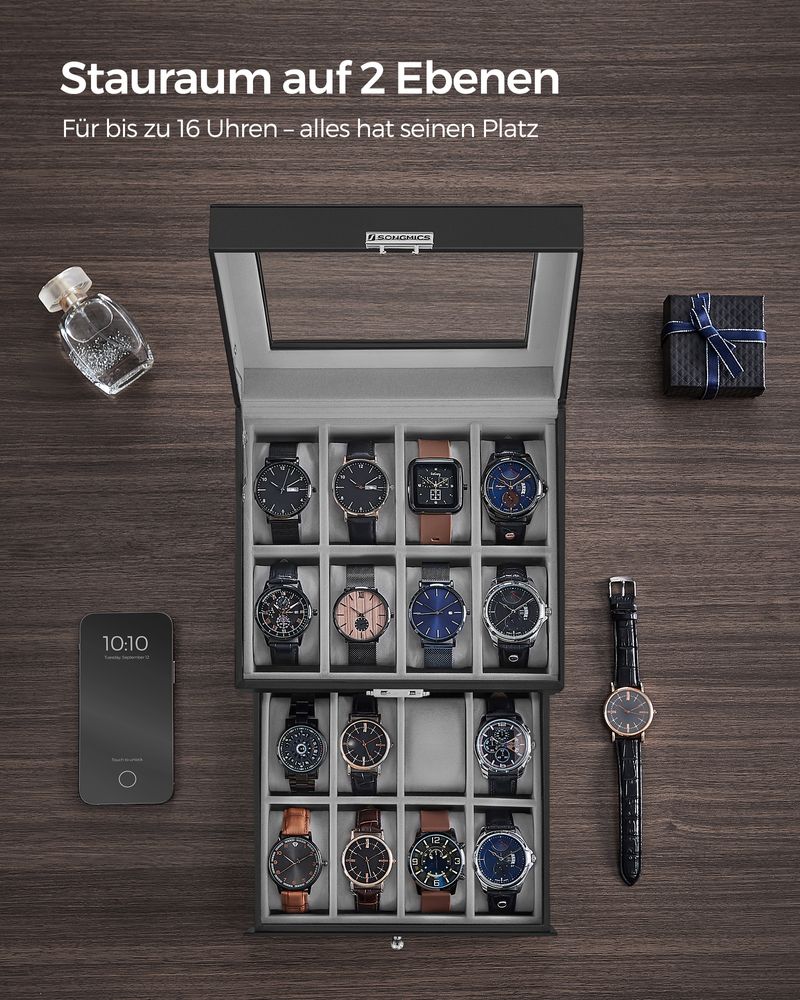 Songmics Κουτί Αποθήκευσης 2 Επιπέδων για 16 Ρολόγια - Black / Green Grey - JWB016G01