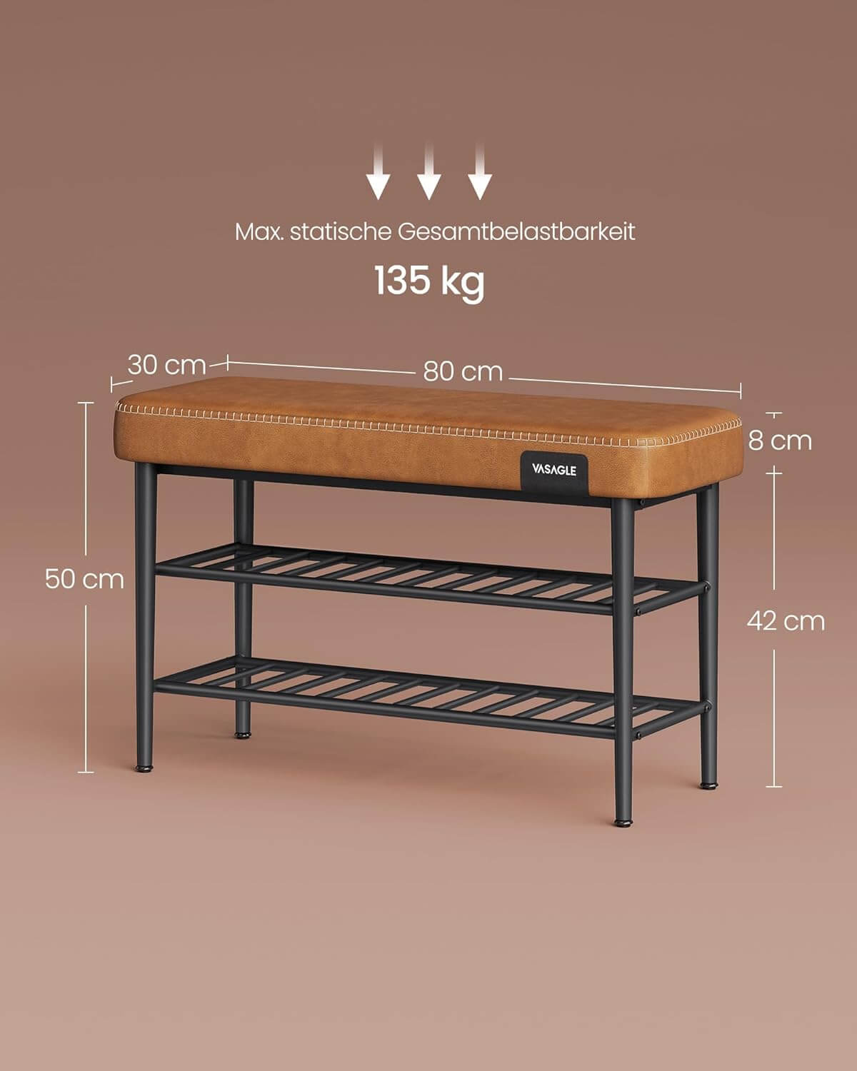 Vasagle EKHO Πάγκος / Σκαμπό με Κάθισμα από Συνθετικό δέρμα και 2 Ράφια - 30 x 80 x 50 cm - Caramel Brown - LSB054K01