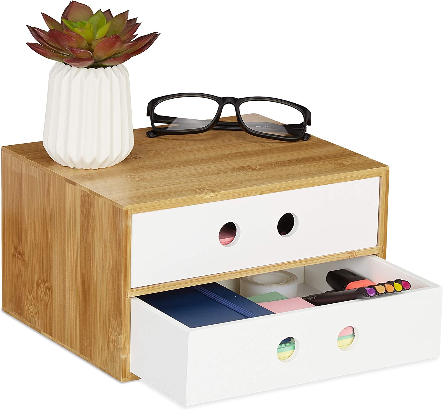 Relaxdays Ξύλινη Βάση Οργάνωσης Γραφείου με 2 Συρτάρια από Bamboo - White / Natural - 4052025902100