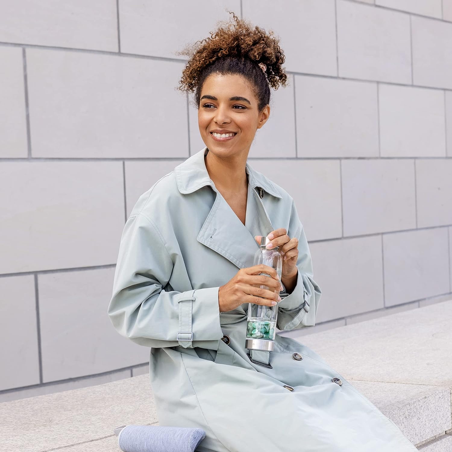 Navaris Γυάλινο Μπουκάλι Νερού με Πέτρες Αβεντουρίνης και Θήκη - BPA FREE - 420ml - Aventurine Stone - 53150.06