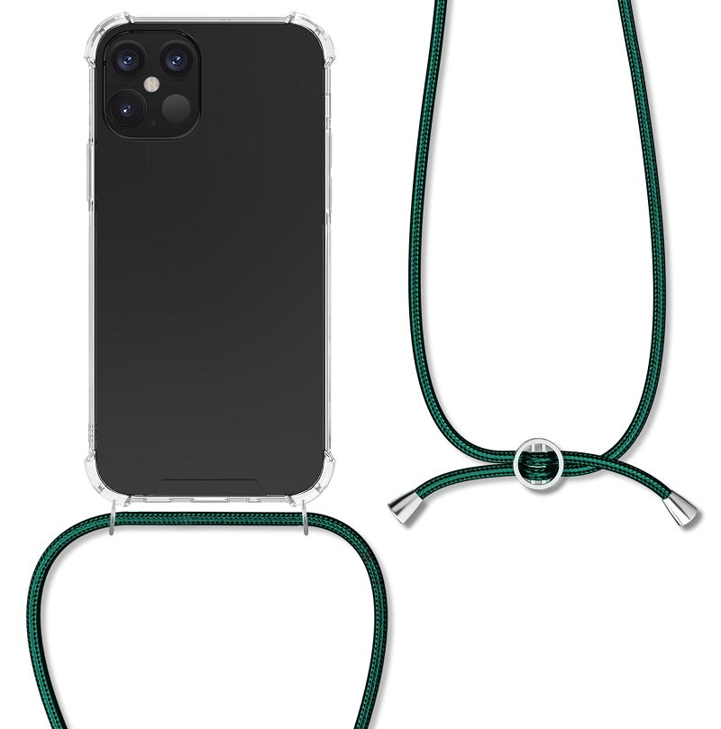 KW iPhone 12 Pro Θήκη Σιλικόνης TPU με Λουράκι - Διάφανη / Dark Green - 52730.80