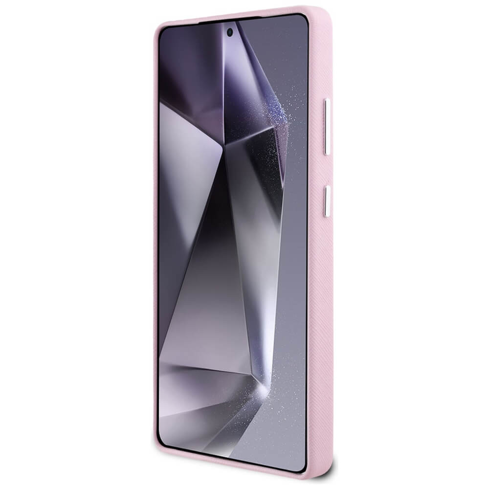 Karl Lagerfeld Samsung Galaxy S25 Ultra - Saffiano Full Wrapped Elongated Metal Logo - MagSafe Σκληρή Θήκη με Επένδυση Συνθετικού Δέρματος και Πλαίσιο Σιλικόνης - Pink - KLHMS25LPSAFWMCP