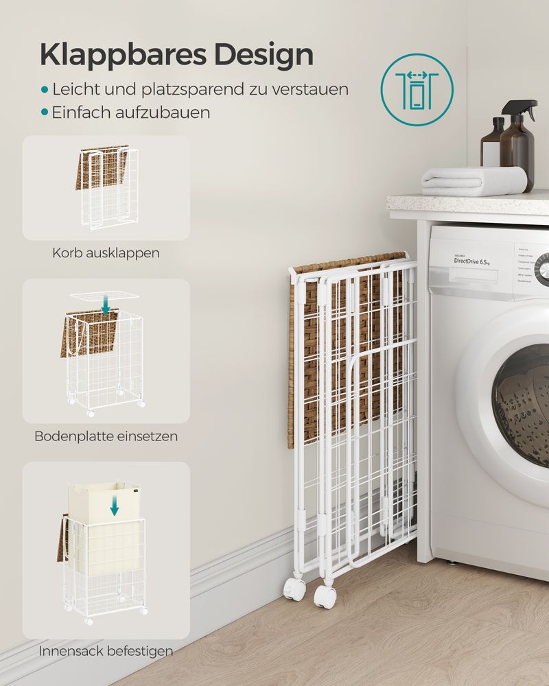 Songmics Τροχήλατο Αναδιπλούμενο Καλάθι Απλύτων με Καπάκι - 90L - Natural Beige / Cream White - LCB290N01