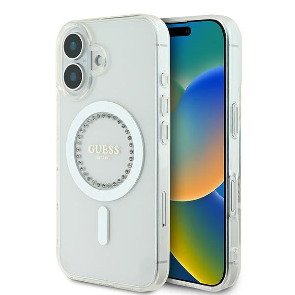 Guess iPhone 16 - IML Rhinestones - MagSafe Σκληρή Θήκη με Πλαίσιο Σιλικόνης - White - GUHMP16SPFTDTEH