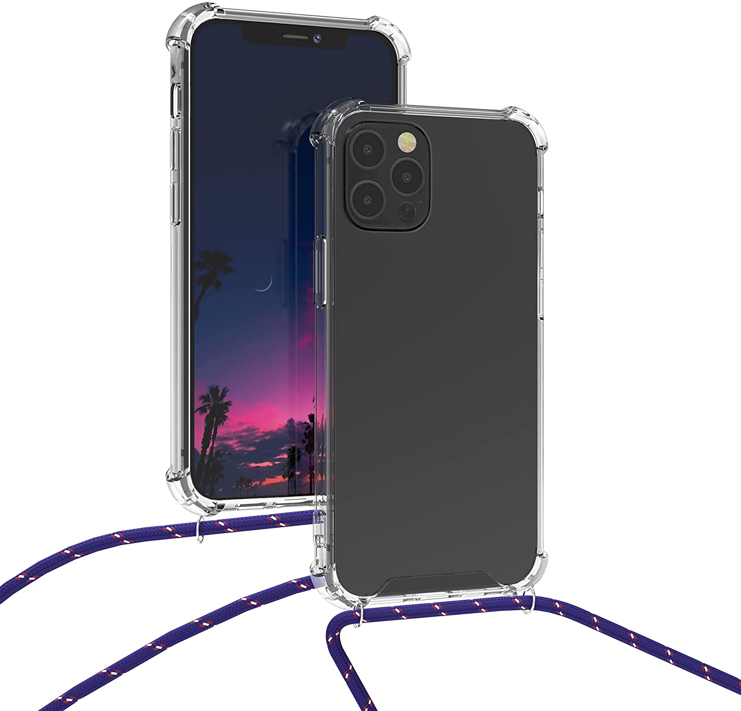 KW iPhone 12 / iPhone 12 Pro Θήκη Σιλικόνης TPU με Λουράκι - Διάφανη - Dark Blue / Red - 52730.17
