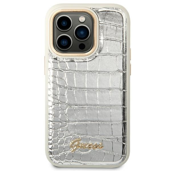 Guess iPhone 14 Pro Max Croco Collection Θήκη με Επένδυση Συνθετικού Δέρματος - Silver - GUHCP14XHGCRHS
