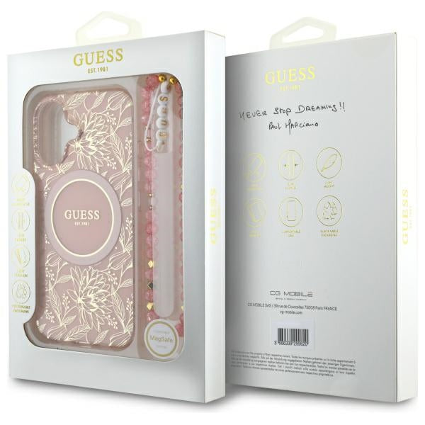 Guess iPhone 16 - IML Flowers Allover Electro With Pearl Strap MagSafe - Σκληρή Θήκη με Πλαίσιο Σιλικόνης και Λουράκι - White / Pink - GUHMP16SHCPOFPP