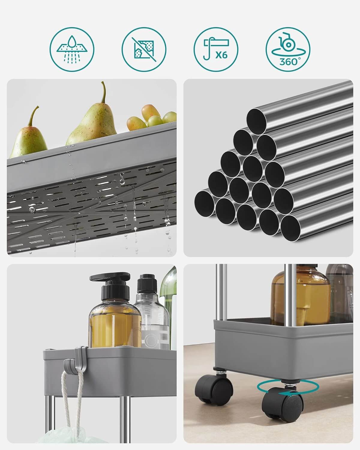 Songmics Πλαστικό Καρότσι Εξοικονόμησης Χώρου για Οργάνωση και Αποθήκευση με 4 Ράφια - 40 x 12.5 x 86 cm - Grey - KSC008G01