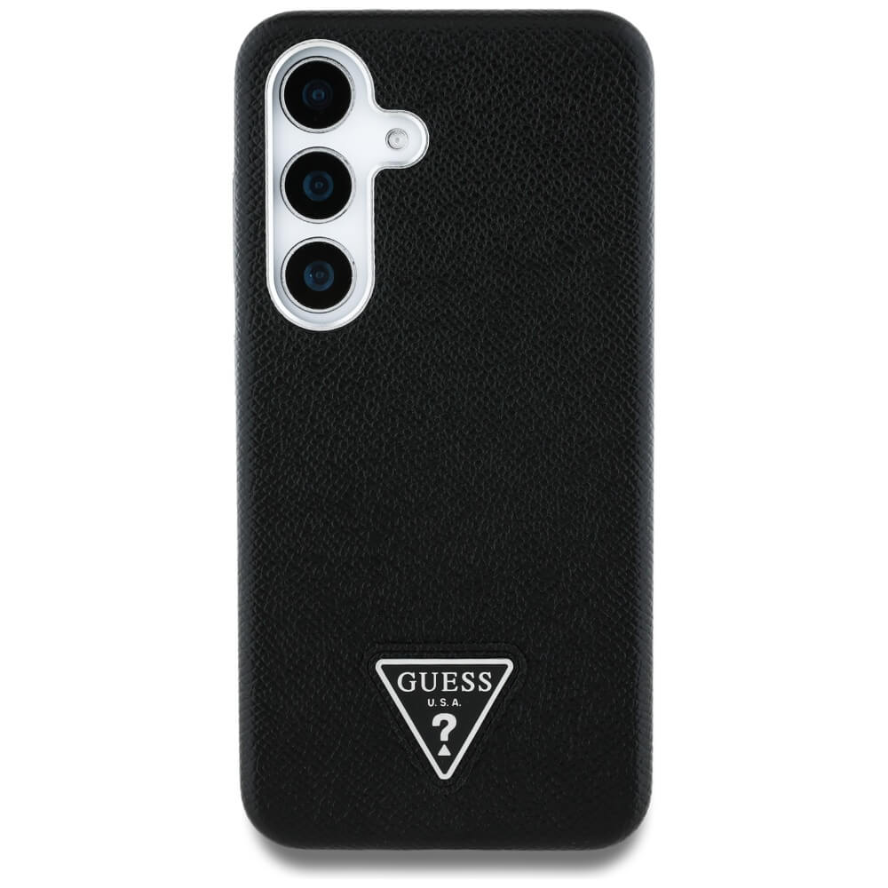 Guess Samsung Galaxy S25 - Grained Triangle Logo - MagSafe Σκληρή Θήκη με Πλαίσιο Σιλικόνης και Συνθετικό Δέρμα - Black - GUHMS25SPGTSPSK