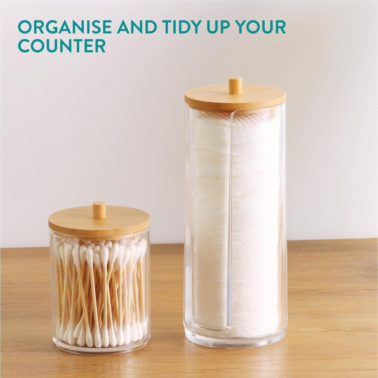 Navaris Σετ με 2 Πλαστικά Δοχεία Αποθήκευσης Αξεσουάρ Μπάνιου με Καπάκι από Μπαμπού - Διάφανα / Light Brown - 59140.03