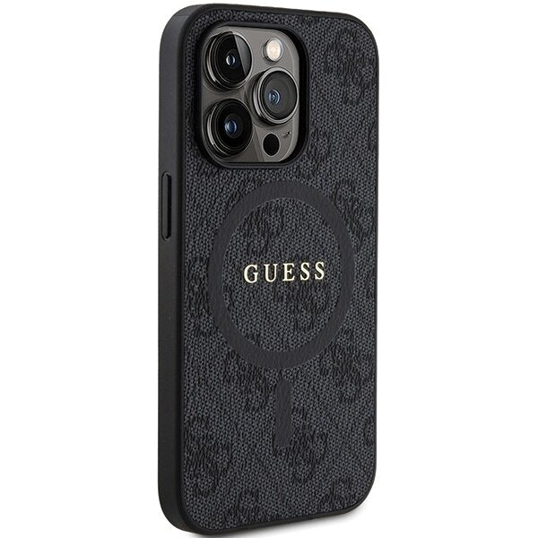 Guess iPhone 15 Pro - 4G Collection Leather Metal Logo MagSafe Θήκη με Επένδυση Συνθετικού Δέρματος και MagSafe - Black - GUHMP15LG4GFRK