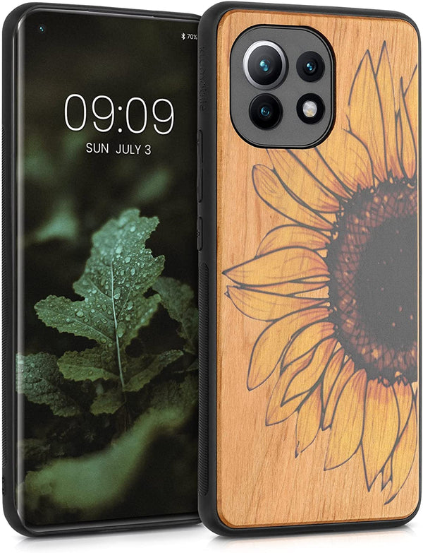 KW Xiaomi Mi 11 Θήκη από Φυσικό Ξύλο - Design Wood Sunflower - Yellow / Dark Brown / Light Brown - 54662.05