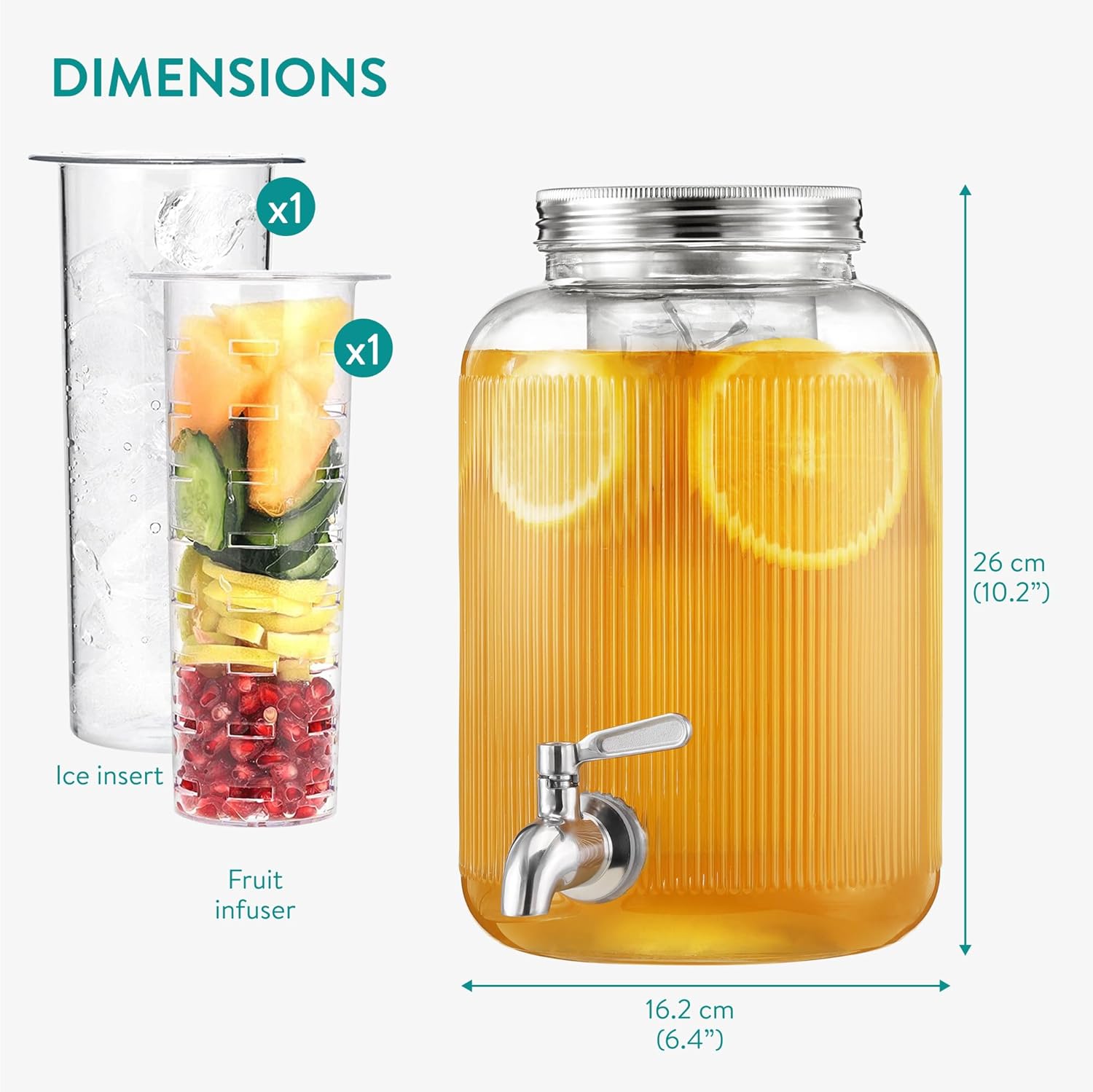 Navaris Γυάλινος Διανεμητής Ποτού με Ένθετα για Πάγο και Φρούτα - 4L - Clear