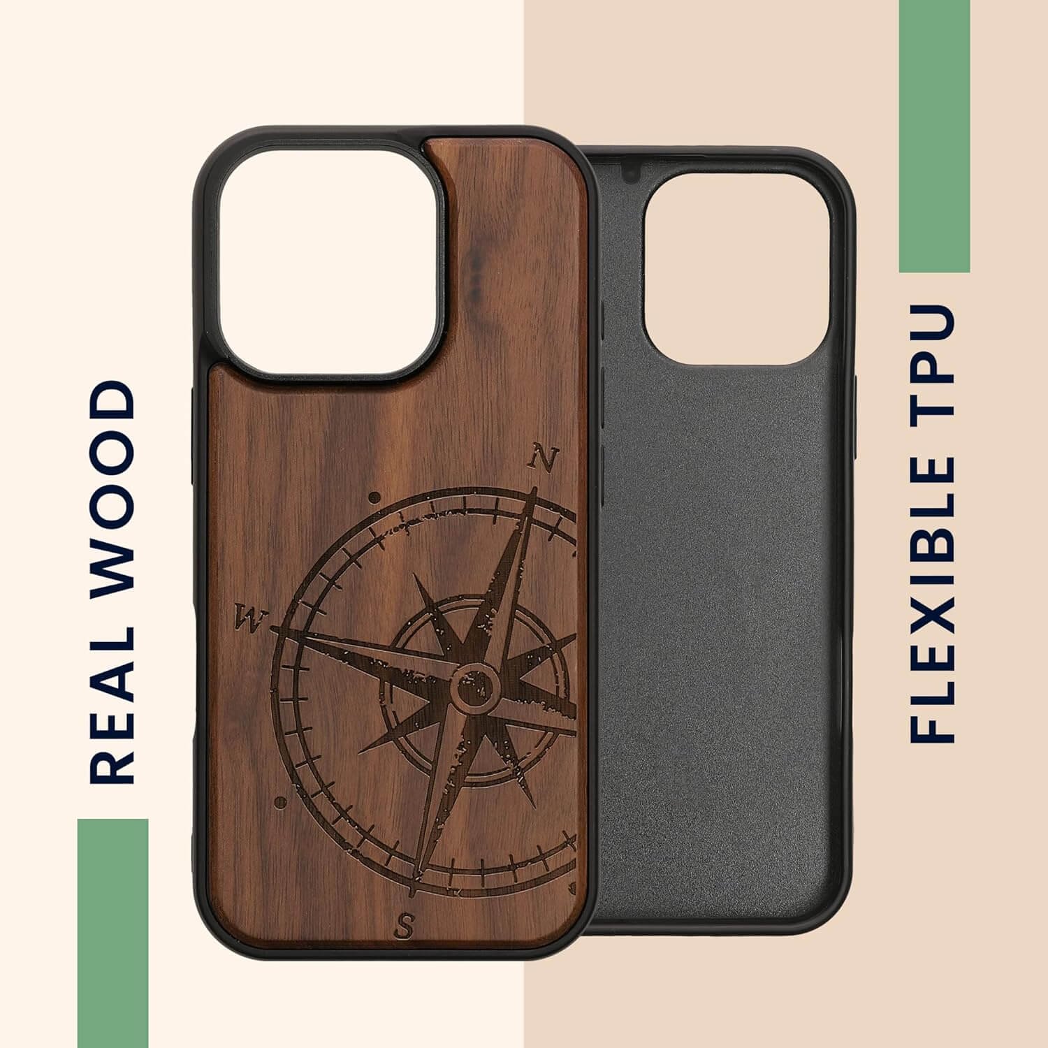 KW iPhone 16 Pro Θήκη από Φυσικό Ξύλο - Design Vintage Compass - Dark Brown