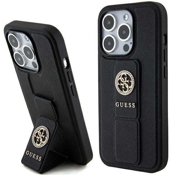 Guess iPhone 15 Pro Grip Stand 4G Saffiano Strass Logo Θήκη με Επένδυση Συνθετικού Δέρματος και Stand - Black - GUHCP15LPGSSADK