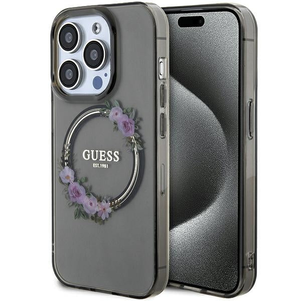 Guess iPhone 15 Pro IML Flowers Wreatch MagSafe Σκληρή Θήκη με Πλαίσιο Σιλικόνης και MagSafe - Black - GUHMP15LHFWFCK