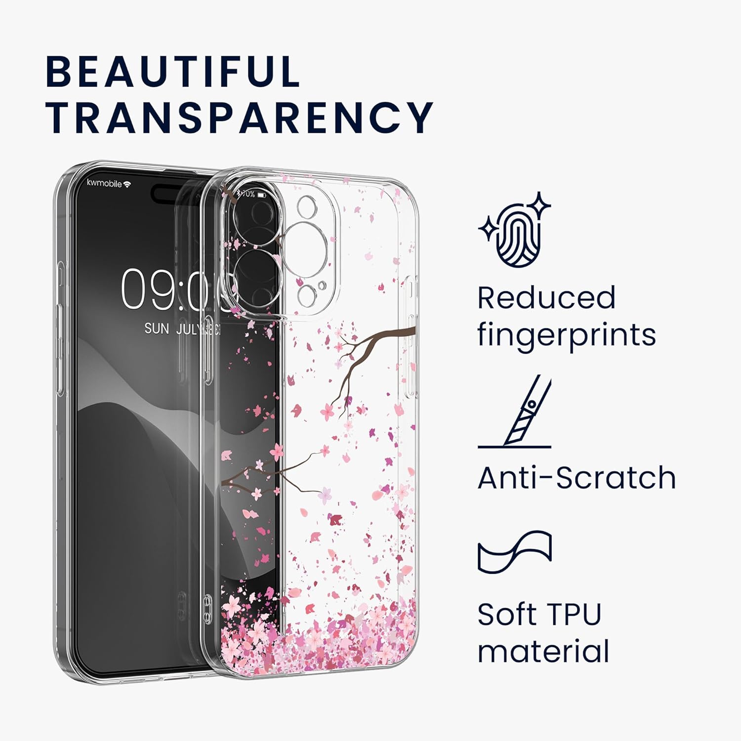 KW iPhone 15 Pro Θήκη Σιλικόνης TPU με Αντιχαρακτικό Γυαλί - Design Cherry Blossom Petals - Pink / Dark Brown / Διάφανη