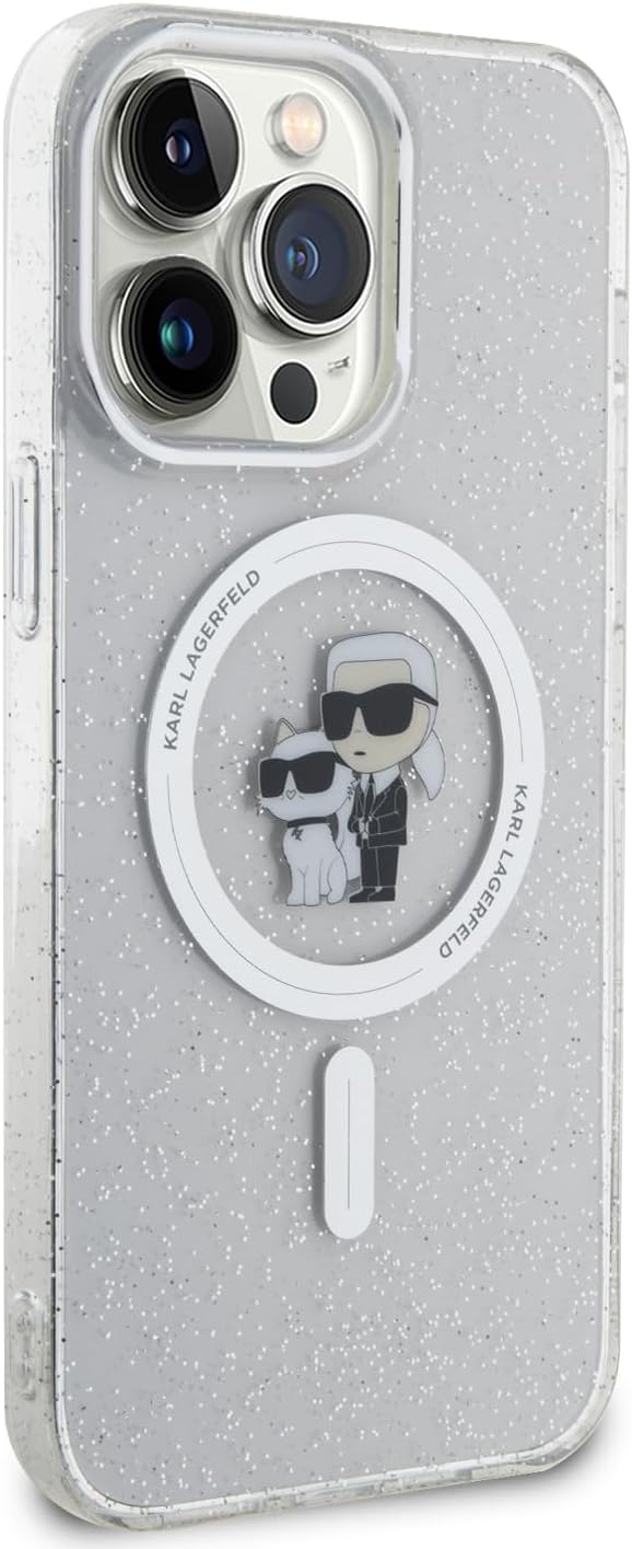 Karl Lagerfeld iPhone 15 Pro Max - Karl and Choupette Glitter Magsafe Σκληρή Θήκη με Πλαίσιο Σιλικόνης και MagSafe - Διάφανη - KLHMP15XHGKCNOT
