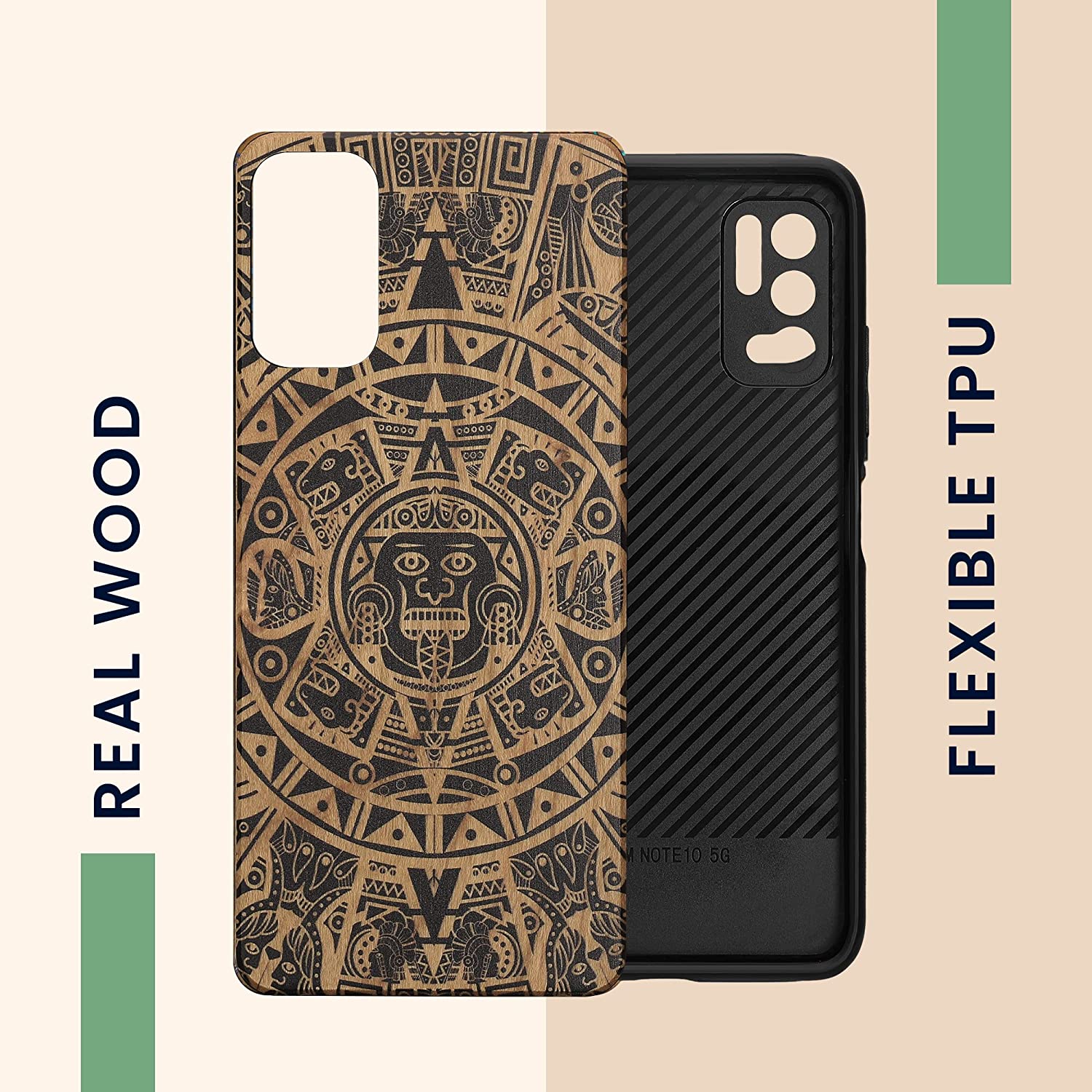 KW Xiaomi Redmi Note 10 5G Θήκη από Φυσικό Ξύλο - Design Mayan Calendar - Light Brown / Black - 56792.03