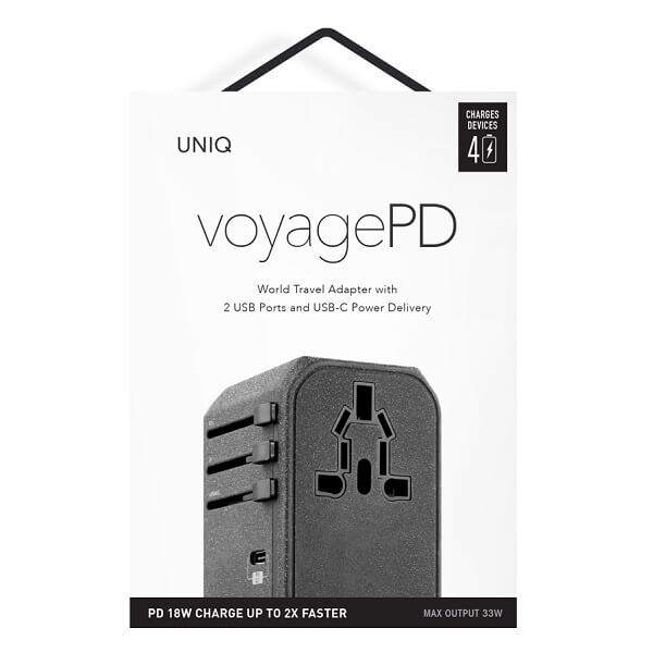 Uniq Voyage World - Φορτιστής με 1 Θύρα Type-C PD 18W και 1 Θύρα USB-A QC 3.0 και 2 Επιπλέον Θύρες USB - Charcoal Grey