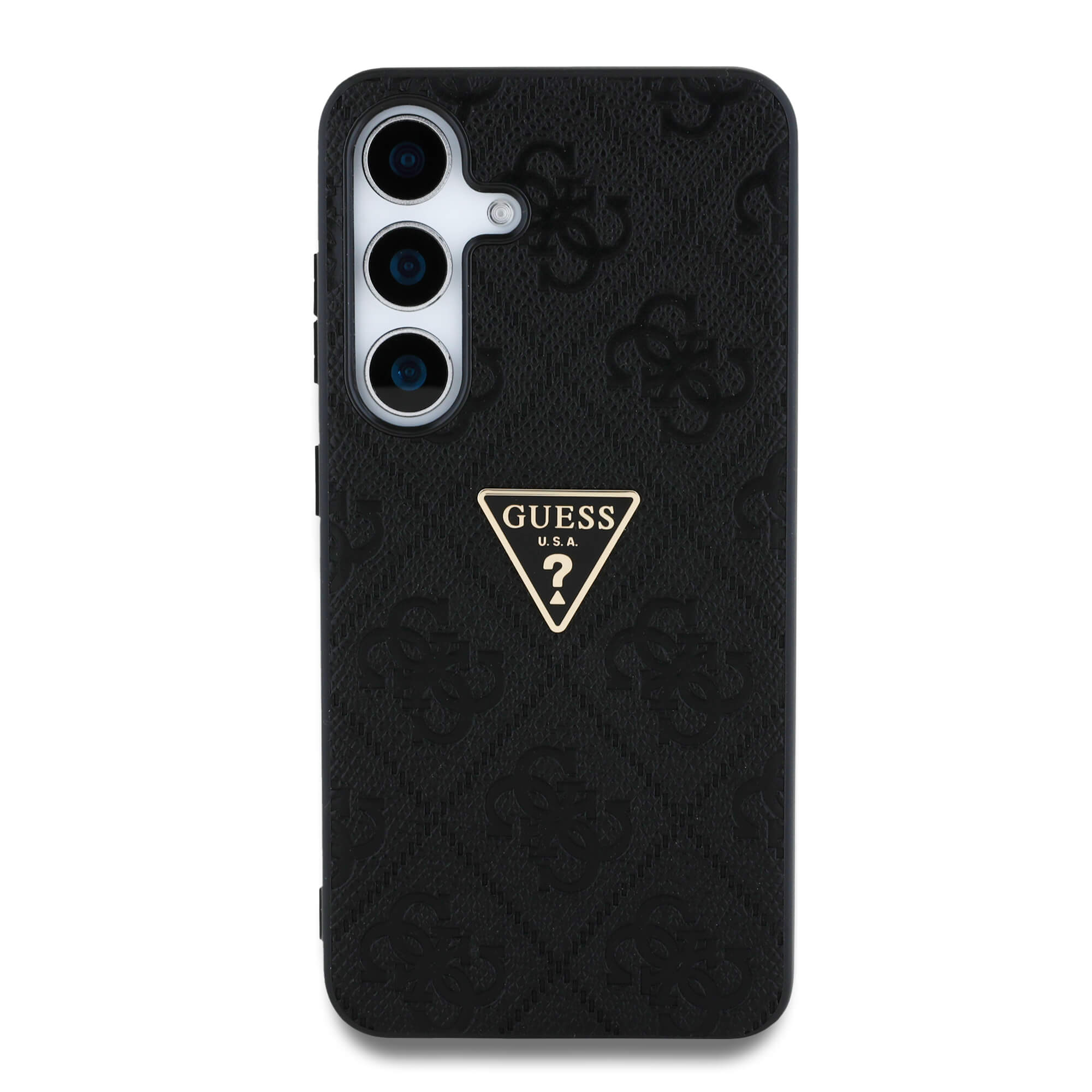 Guess Samsung Galaxy S25 - Hot Stamp 4G Pattern Triangle Metal Logo - Θήκη με Επένδυση Συνθετικού Δέρματος και Πλαίσιο Σιλικόνης - Black - GUHCS25SPGP4STRK