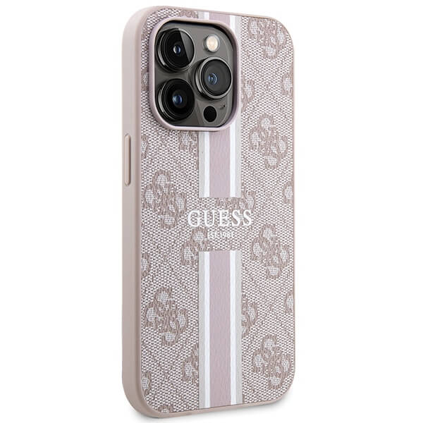 Guess iPhone 15 Pro - 4G Printed Stripes MagSafe Θήκη με Επένδυση Συνθετικού Δέρματος - Pink - GUHMP15LP4RPSP