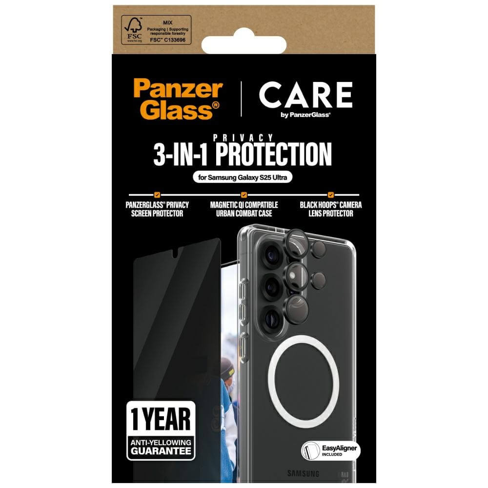 Care by PanzerGlass Samsung Galaxy S25 Ultra - Flagship 3in1 Σετ με 1 Αντιχαρακτικό Γυαλί Οθόνης Privacy, 1 Αντιχαρακτικό Γυαλί για την Κάμερα και 1 Σκληρή Θήκη - Clear