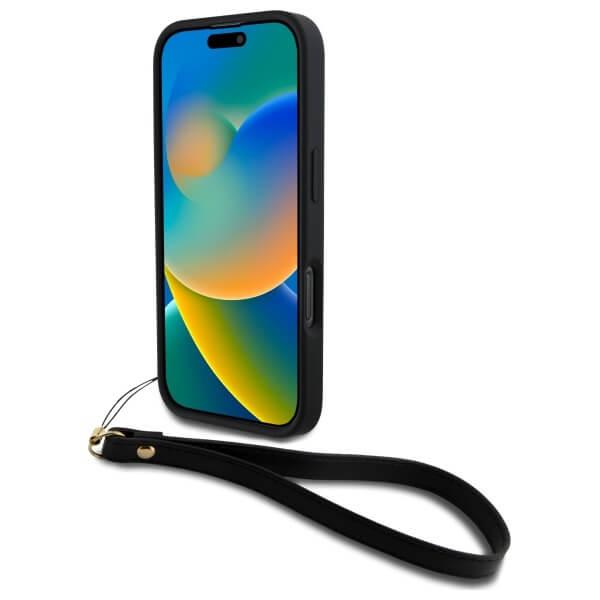 DKNY iPhone 16 Pro - Wrist Strap Stock Logo - Σκληρή Θήκη με Επένδυση Συνθετικού Δέρματος με Λουράκι - Black