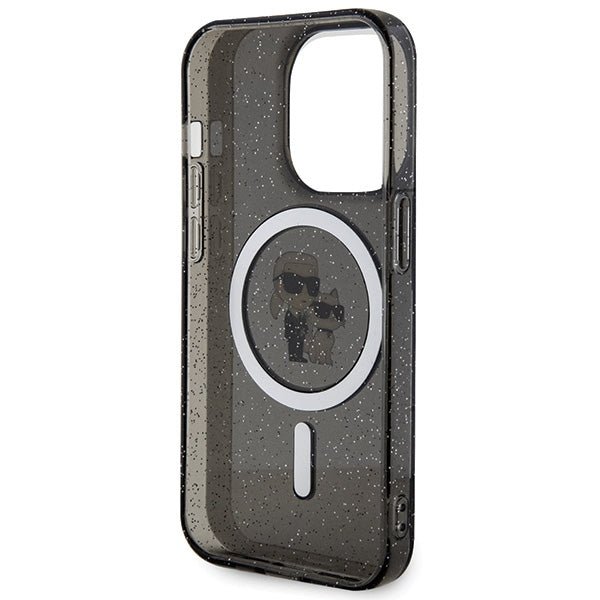 Karl Lagerfeld iPhone 15 Pro - Karl and Choupette Glitter Magsafe Σκληρή Θήκη με Πλαίσιο Σιλικόνης και MagSafe - Black - KLHMP15LHGKCNOK