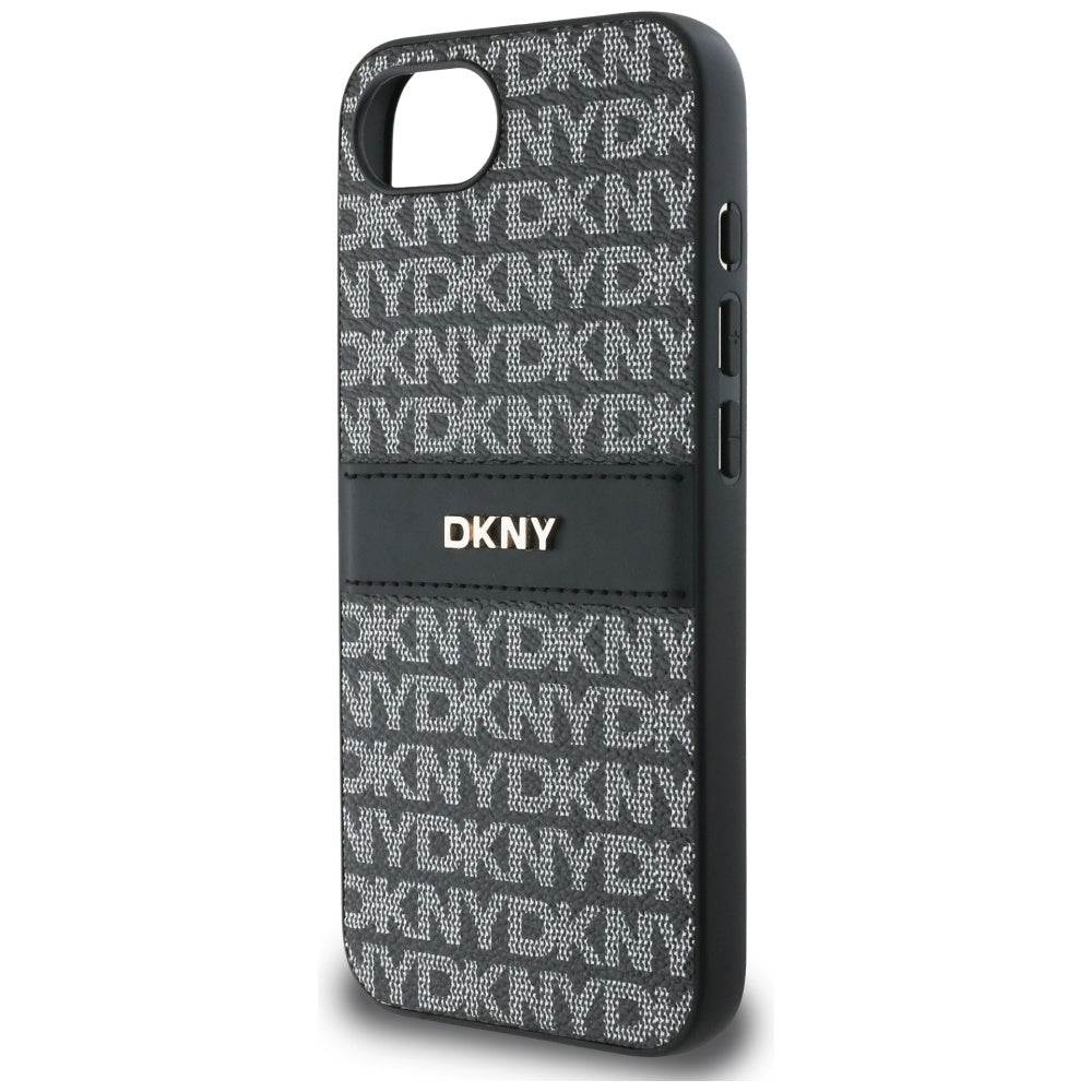 DKNY iPhone 16e - Repeat Texture Pattern with Tonal Stripe - Σκληρή Θήκη με Πλαίσιο Σιλικόνης και Επένδυση Συνθετικού Δέρματος - Black